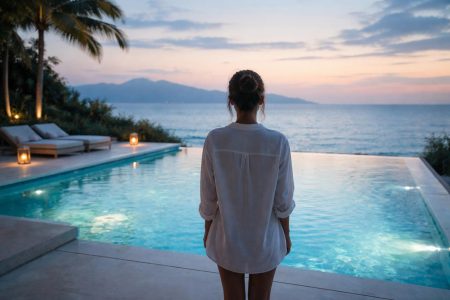 personne-piscine-bleue-mer-montagnes