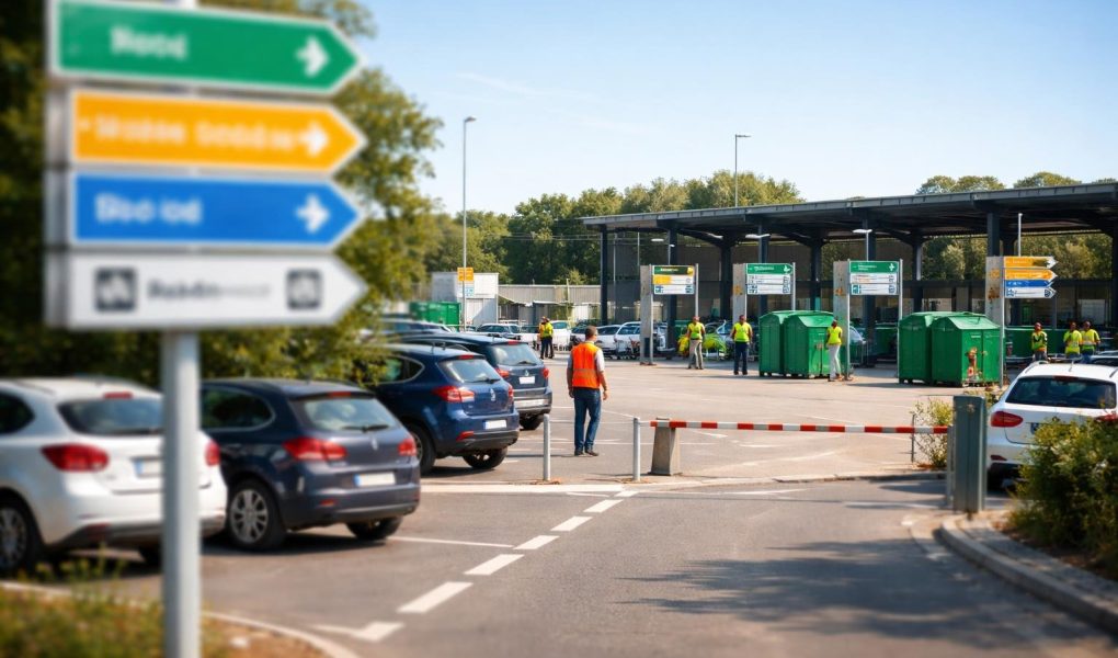 dechetterie-moderne-voitures-panneaux-ciel-clair