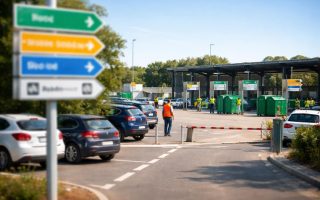 dechetterie-moderne-voitures-panneaux-ciel-clair