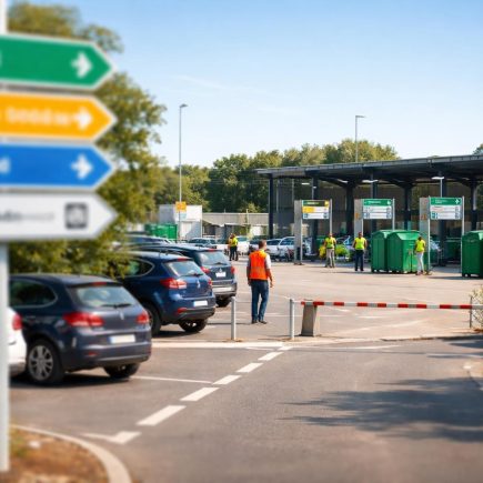 dechetterie-moderne-voitures-panneaux-ciel-clair