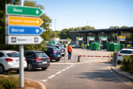 dechetterie-moderne-voitures-panneaux-ciel-clair