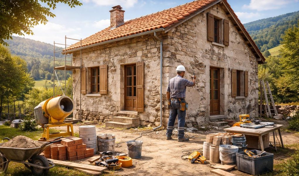 maison-renovation-ouvrier-campagne-ciel-bleu