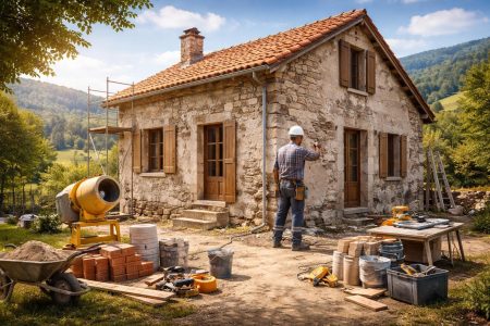 maison-renovation-ouvrier-campagne-ciel-bleu