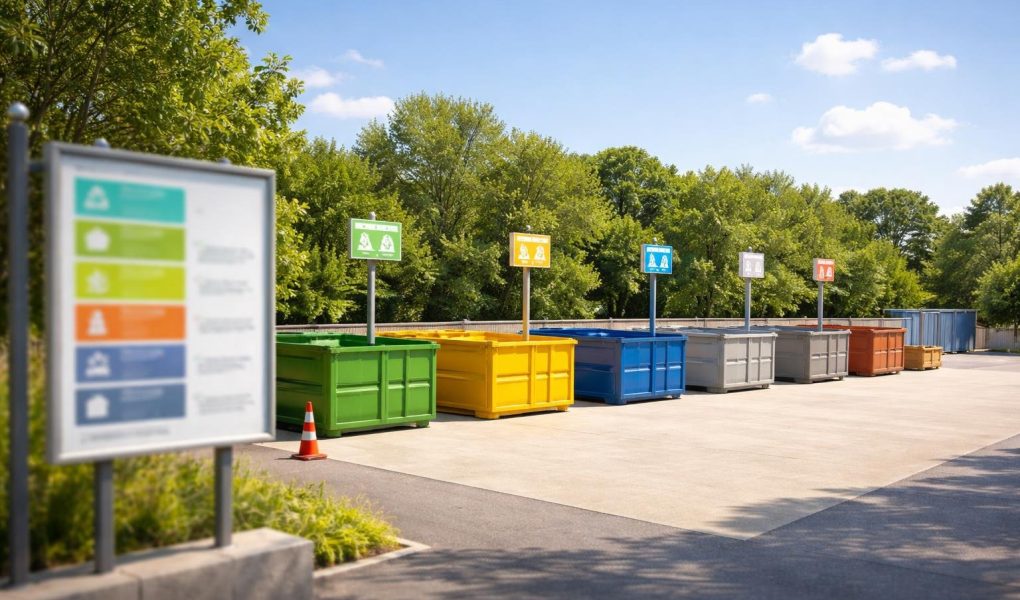 dechetterie-conteneurs-colorés-arbres-ciel-bleu