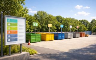 dechetterie-conteneurs-colorés-arbres-ciel-bleu