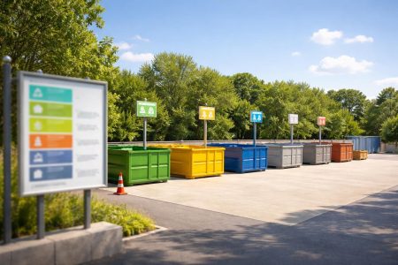 dechetterie-conteneurs-colorés-arbres-ciel-bleu